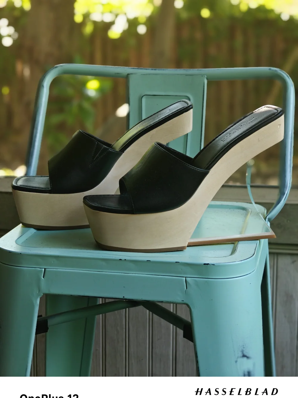 Jeffrey Campbell Black Leather Platform Slides with Natural Wood-Tone Sole